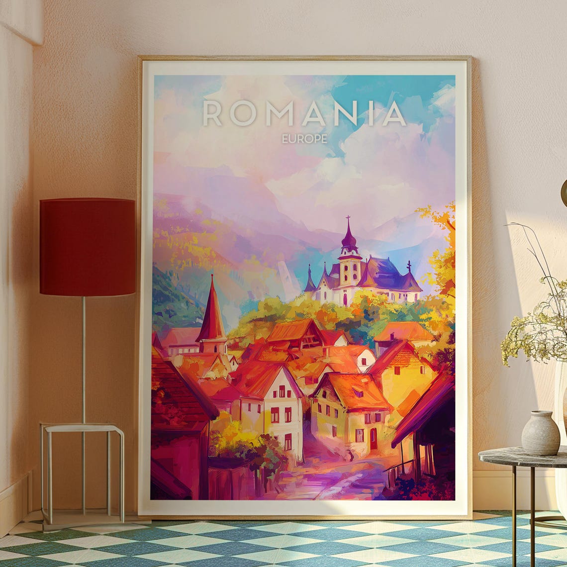 Romania Europe Medieval Old Town Churches Colorful Art Poster - Image 2