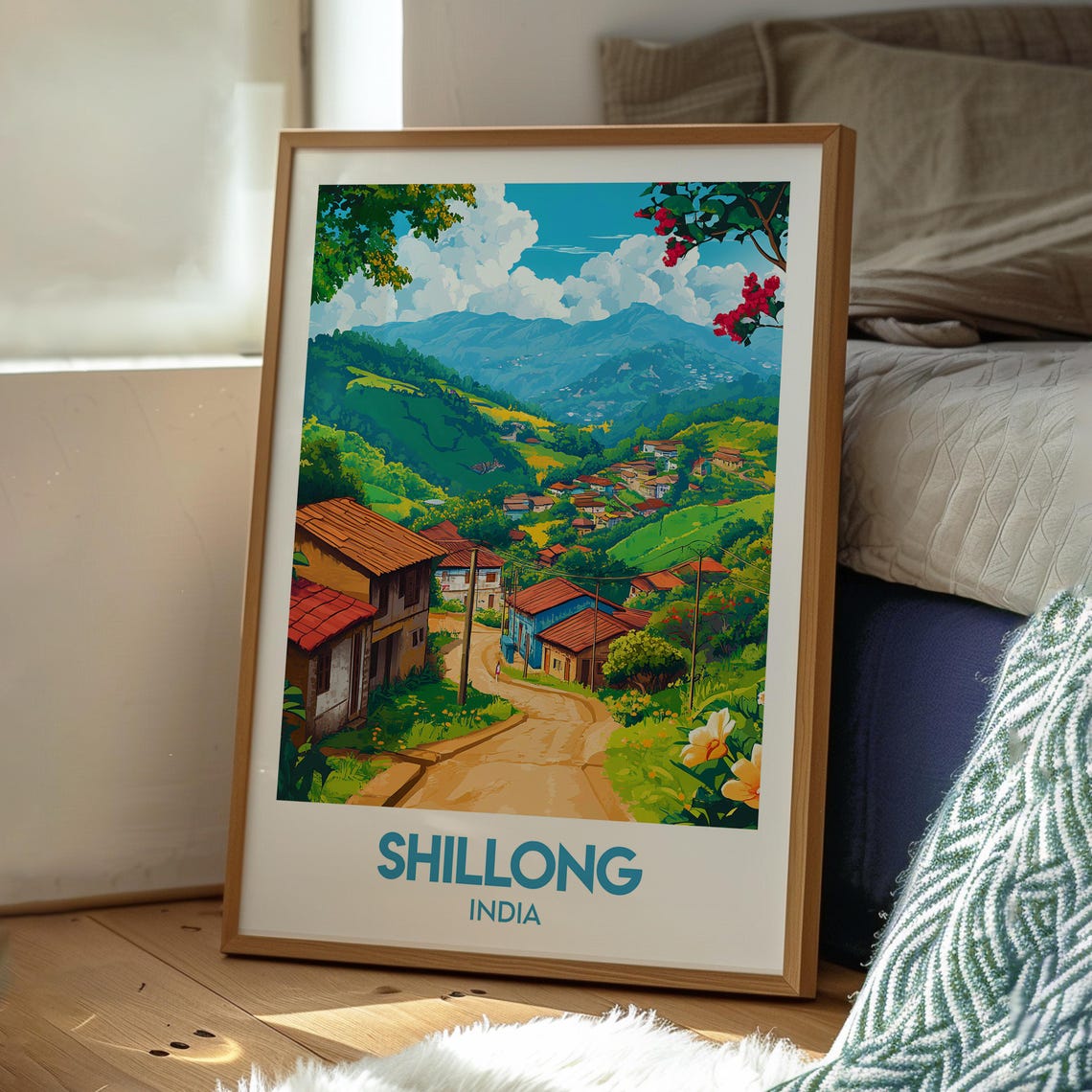 Shillong India Hillside Village Red Roofs Green Hills Travel Poster - Image 3