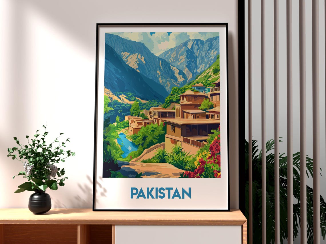 Pakistan Mountain Village River Valley Rugged Peaks Travel Poster