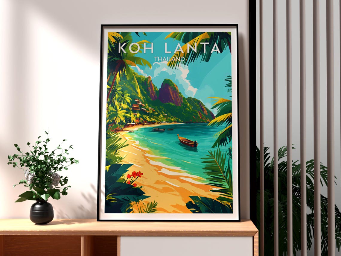 Koh Lanta Thailand Tropical Beach Longtail Boat Cliffs Poster