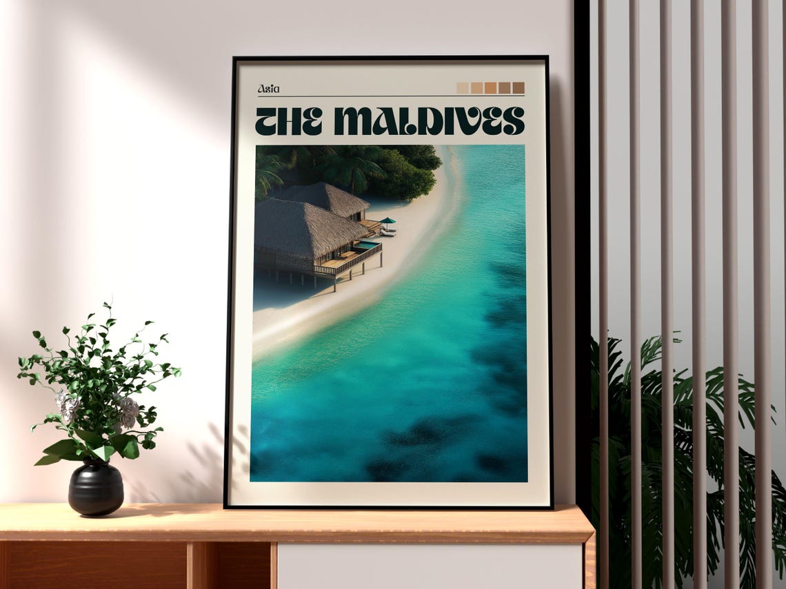 The Maldives Overwater Bungalow Turquoise Lagoon Travel Poster