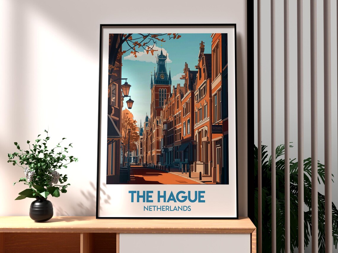 The Hague Netherlands Historic Brick Street Tower Travel Poster