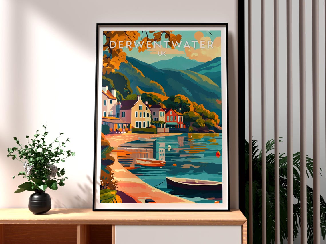 Derwentwater Lake District Autumn Lakeside Village Travel Poster