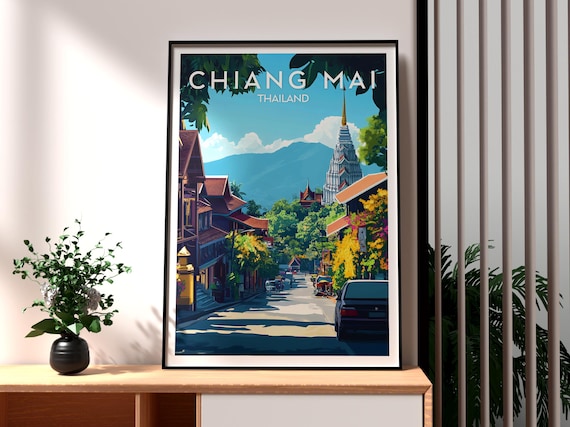 Chiang Mai Thailand Old Town Temple Street Mountains Travel Art Poster