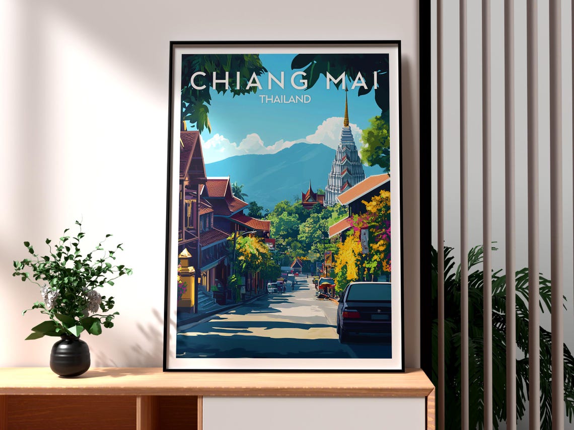 Chiang Mai Thailand Old Town Temple Street Mountains Travel Art Poster