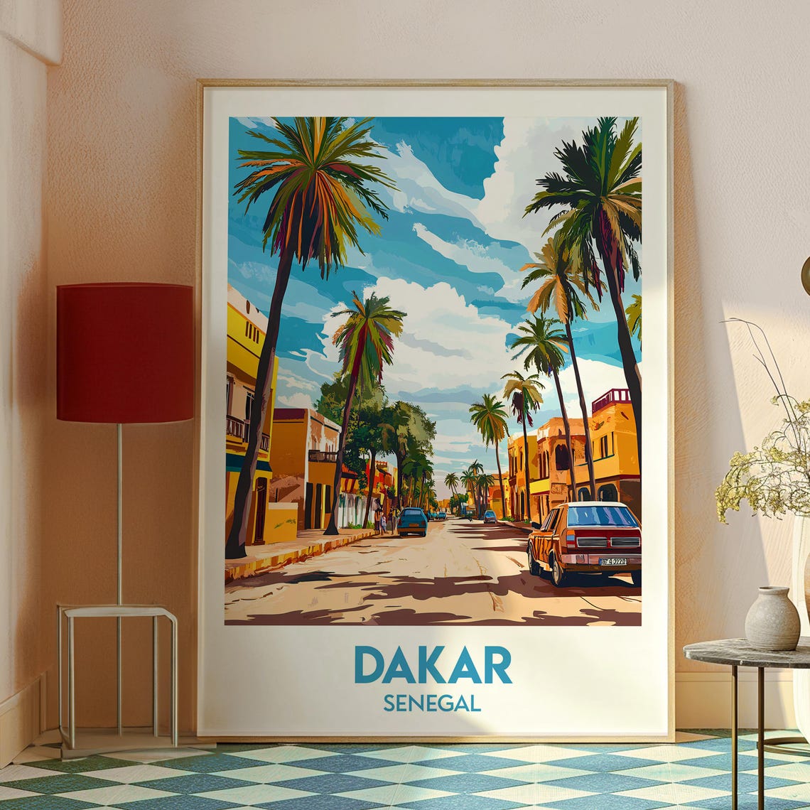 Dakar Senegal Palm Lined Street Classic Car Vintage Travel Poster - Image 2