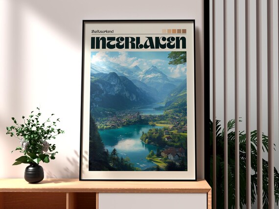 Interlaken Switzerland Lakeside Town Alps Panorama Travel Poster