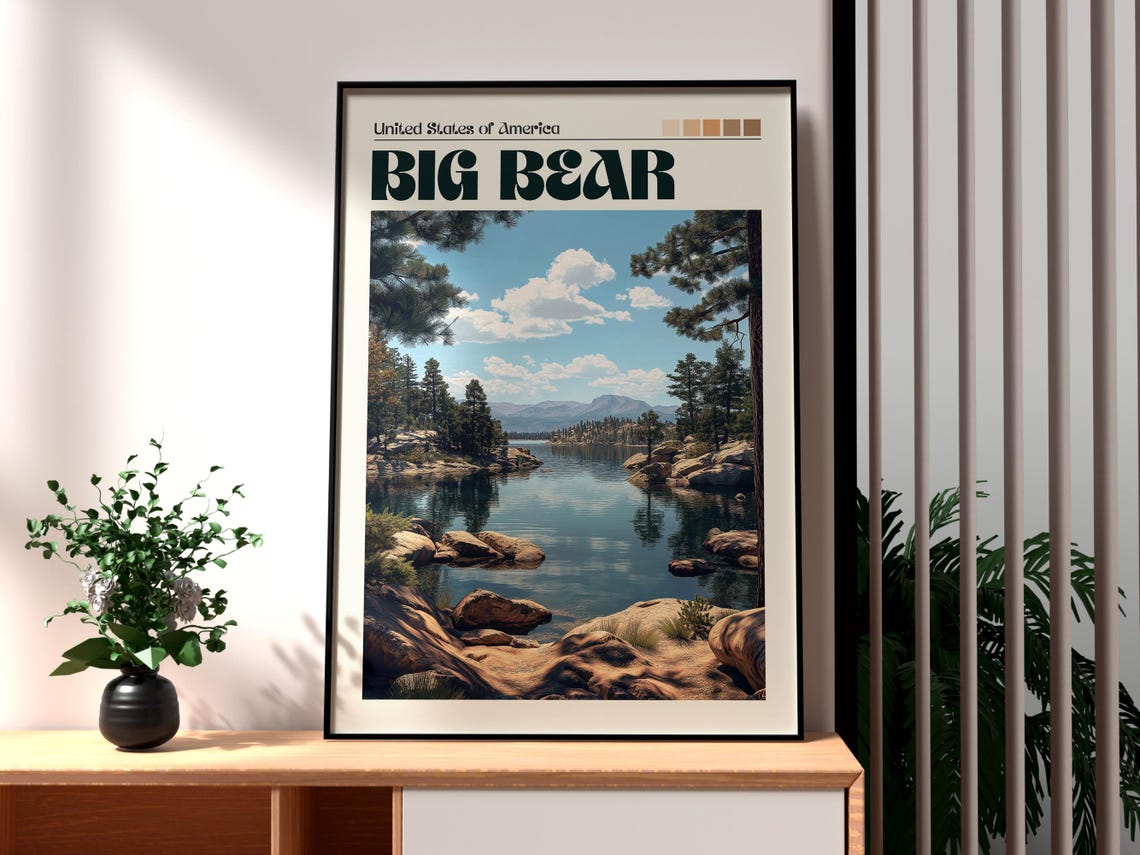 Big Bear California Lake Pine Forest Scene View Travel Poster