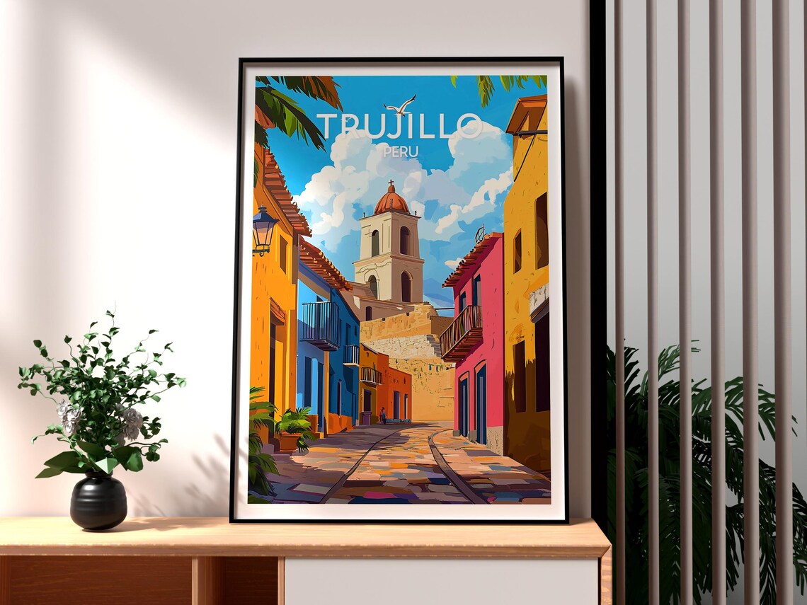 Trujillo Peru Colonial Street Church Bell Tower Vintage Travel Poster
