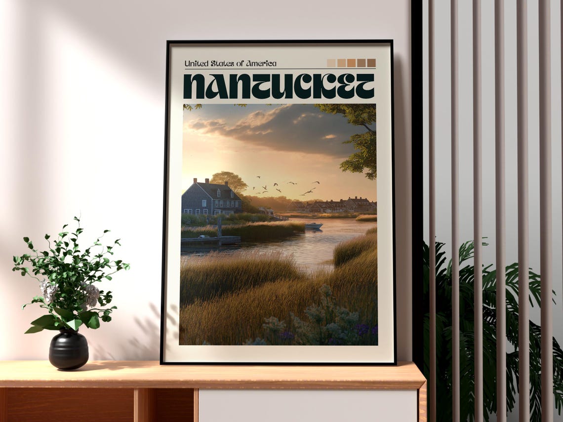Nantucket USA Marsh Cottage Boats Golden Sunset Coast Travel Poster