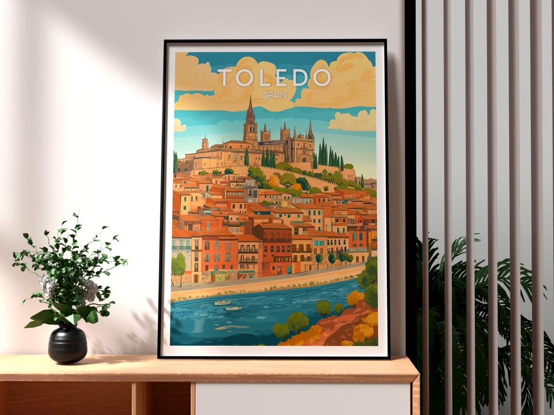 Toledo Spain Hilltop Cathedral Old City River Valley Travel Poster