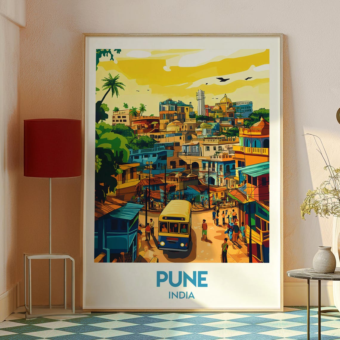 Pune India Busy Colorful Street Bus Scene Illustration Art Poster - Image 2