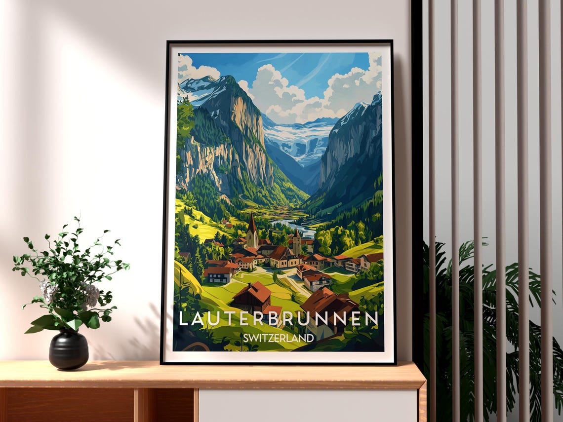 Lauterbrunnen Switzerland Alpine Valley Village Peaks Travel Poster