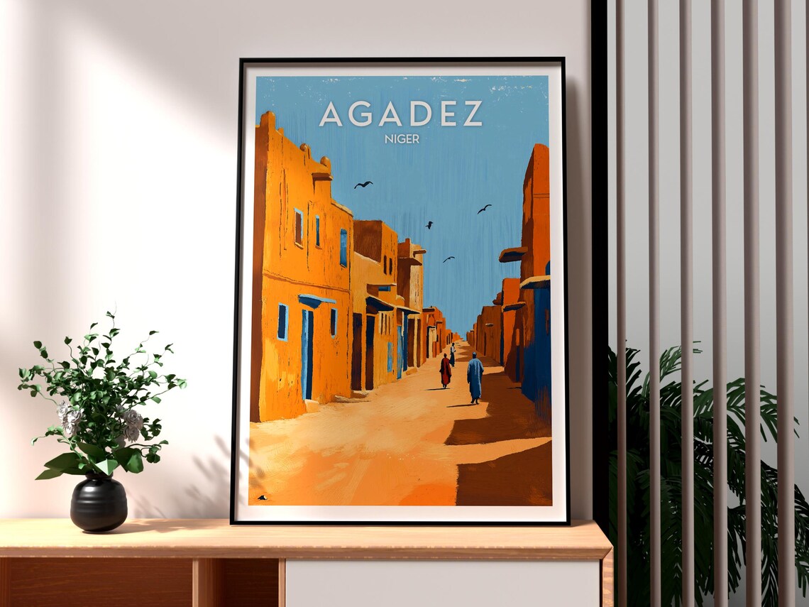 Retro Agadez Niger Sahara Desert Town Street Scene Travel Poster