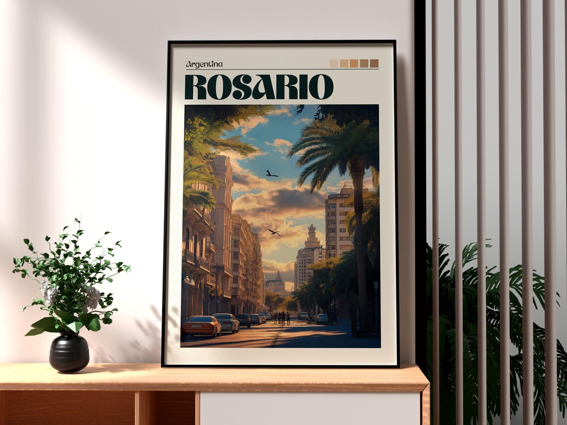 Rosario Argentina Palm Avenue Golden Sunset Retro Travel Poster