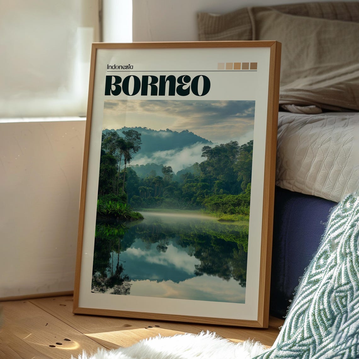 Borneo Indonesia Misty Jungle River Mirror Reflection Poster - Image 3