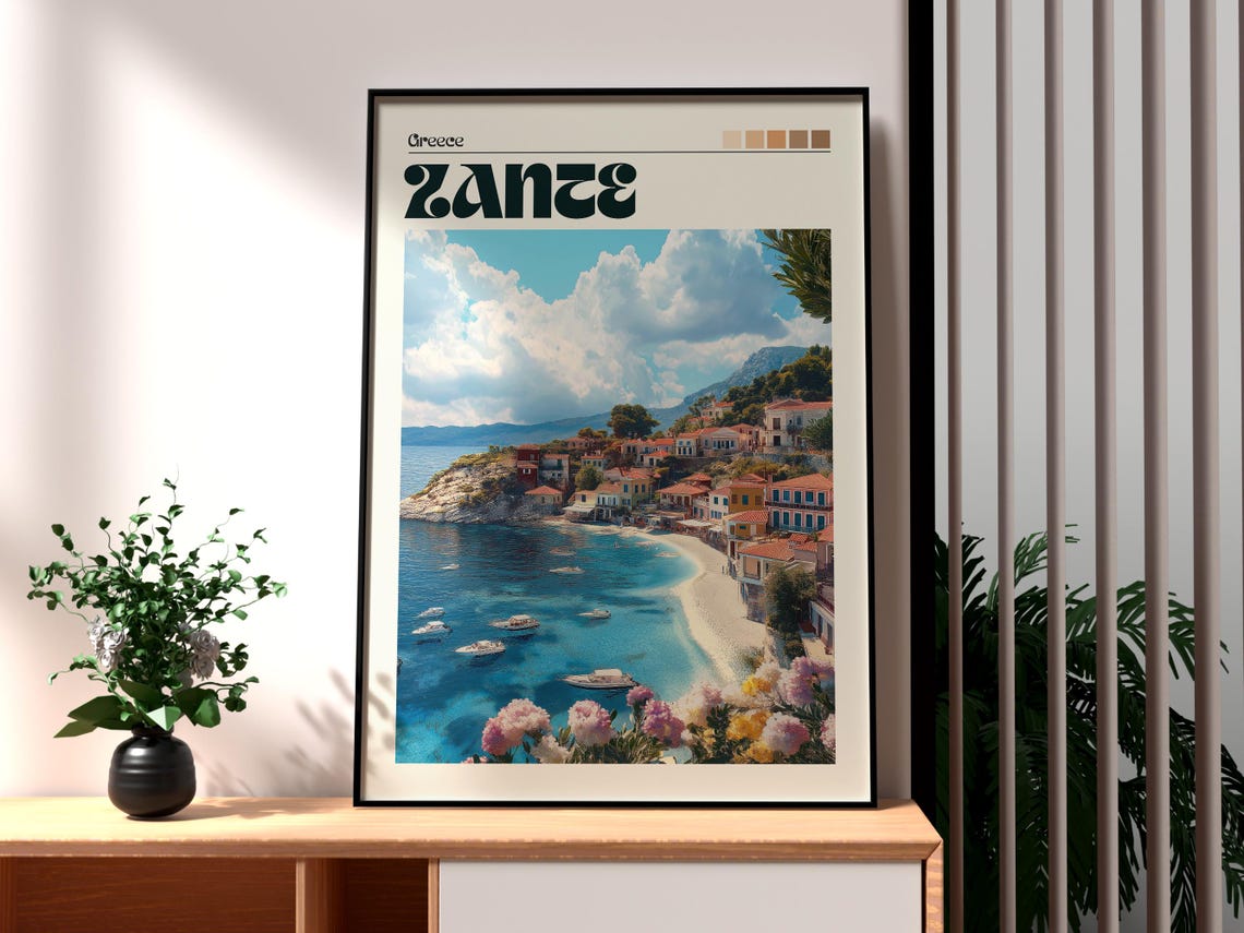 Zante Greece Island Beach Harbor Boats Coastal Sunset Travel Poster