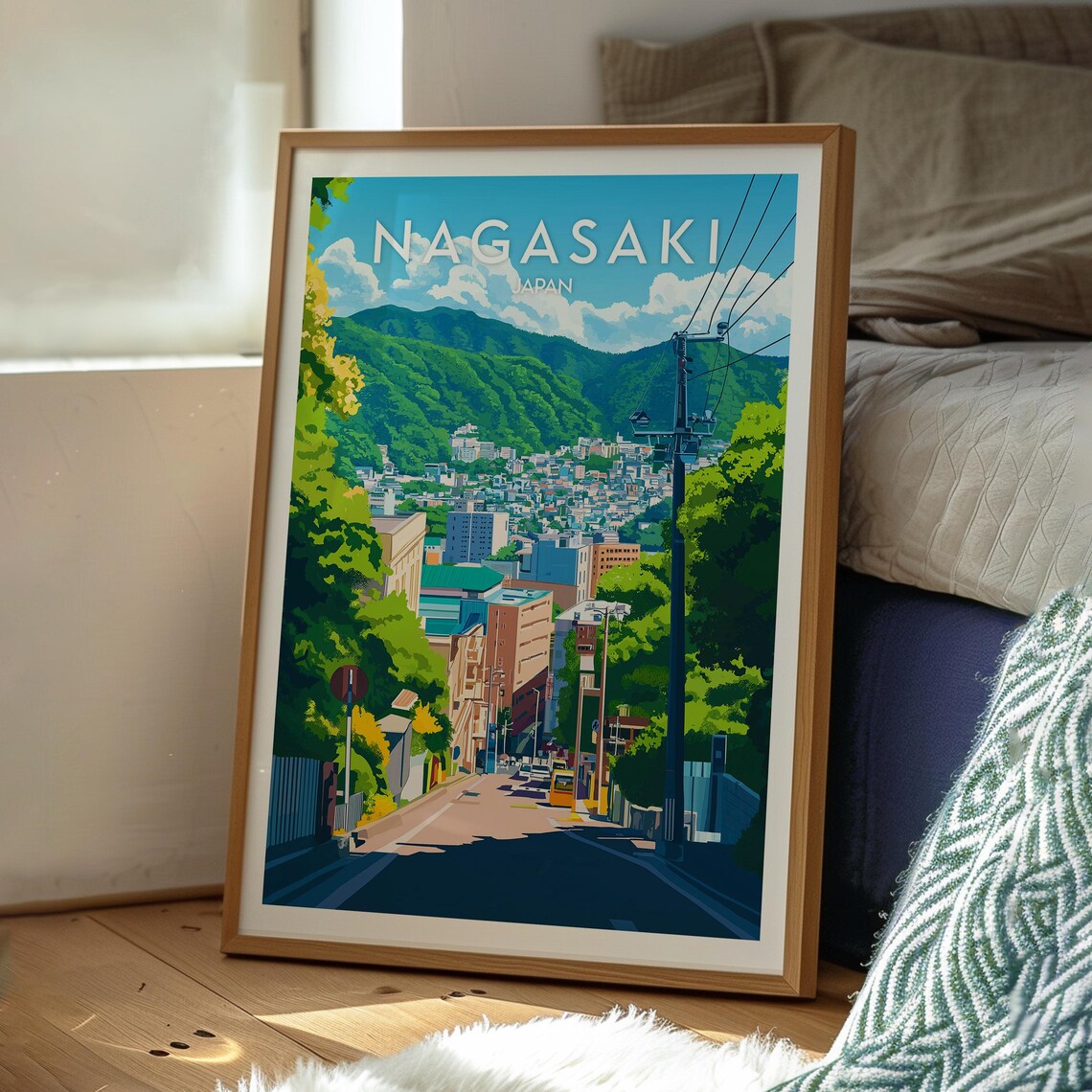 Nagasaki Japan Steep Street Green Hills Port City Travel Poster - Image 3