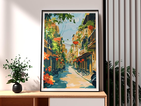 Hanoi Vietnam Old Quarter Red Lanterns Bikes Street Scene Travel Poster