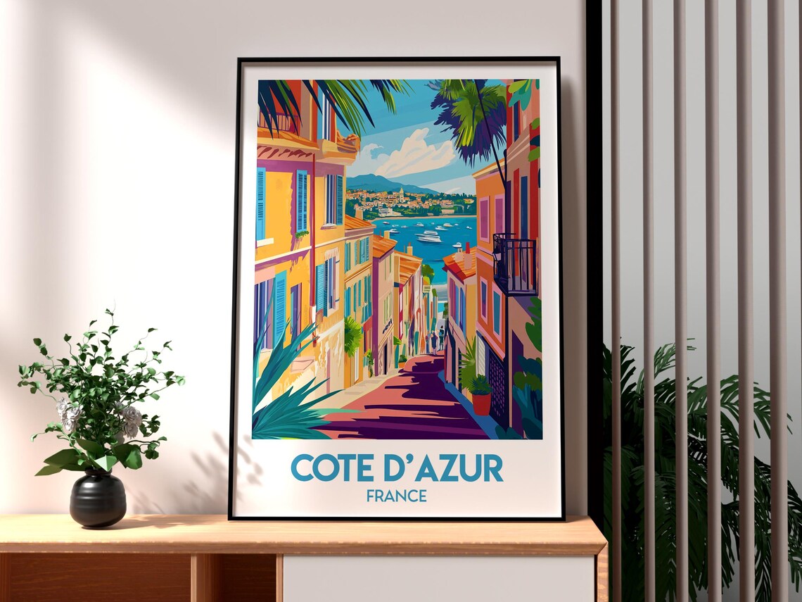 Cote D'Azur France Colorful Street Leading To The Sea Travel Poster