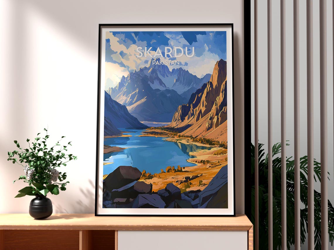 Skardu Pakistan Himalayan Mountain Lake Peaks Vintage Travel Poster
