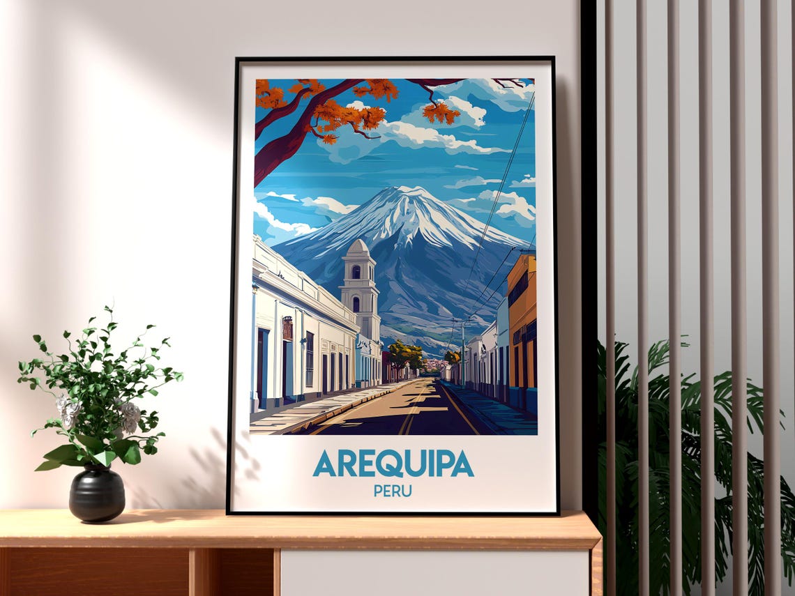 Arequipa Peru Colonial Street Snow Capped Volcano Travel Poster