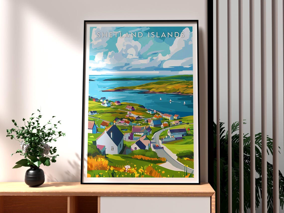 Shetland Islands Scotland Coastal Village Green Hills Poster