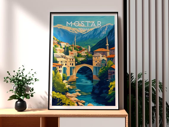 Mostar Print Bosnia And Herzegovina Wall Art Poster Neretva River Stari Most Bridge Europe