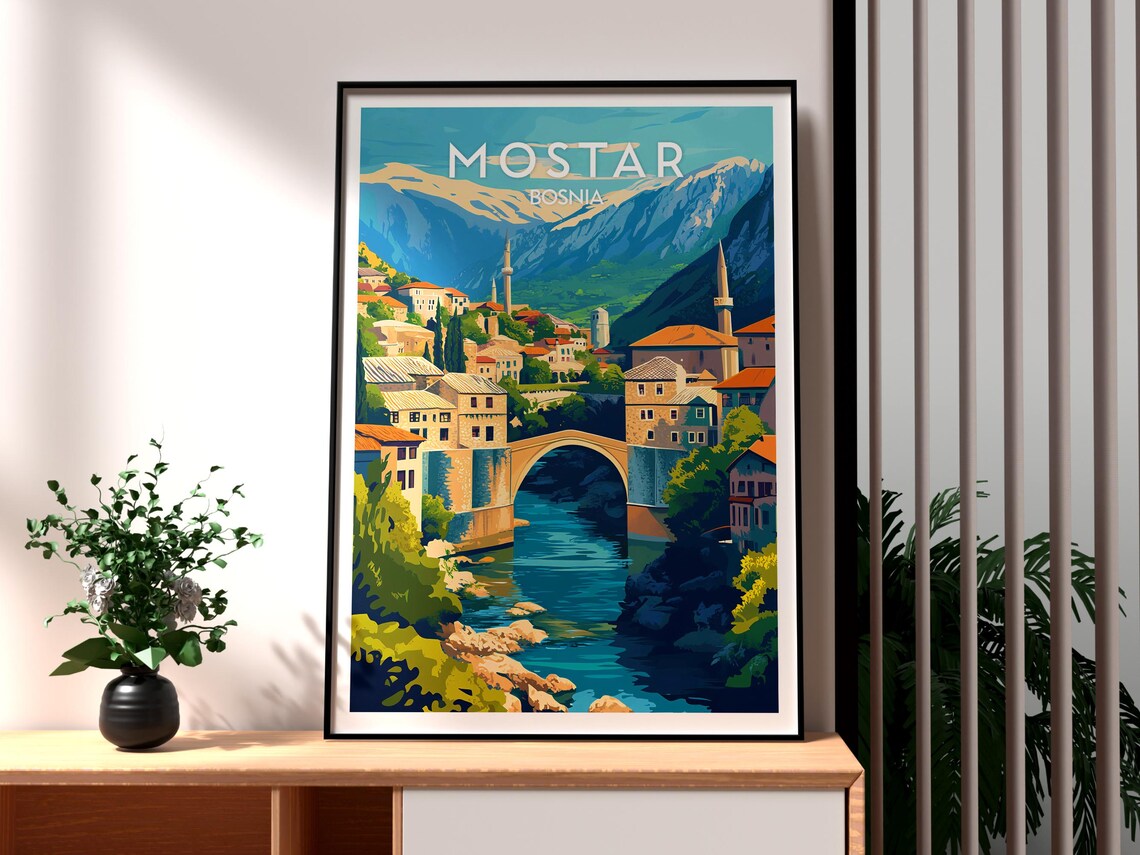 Mostar Bosnia Stari Most Bridge River Old Town Travel Poster
