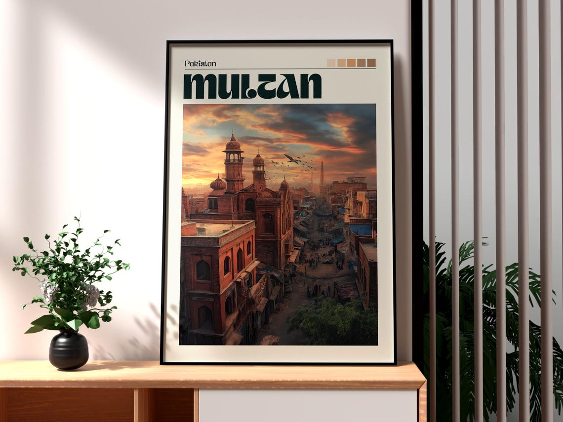 Multan Pakistan Sunset Street Mosque Minaret Kites Travel Poster