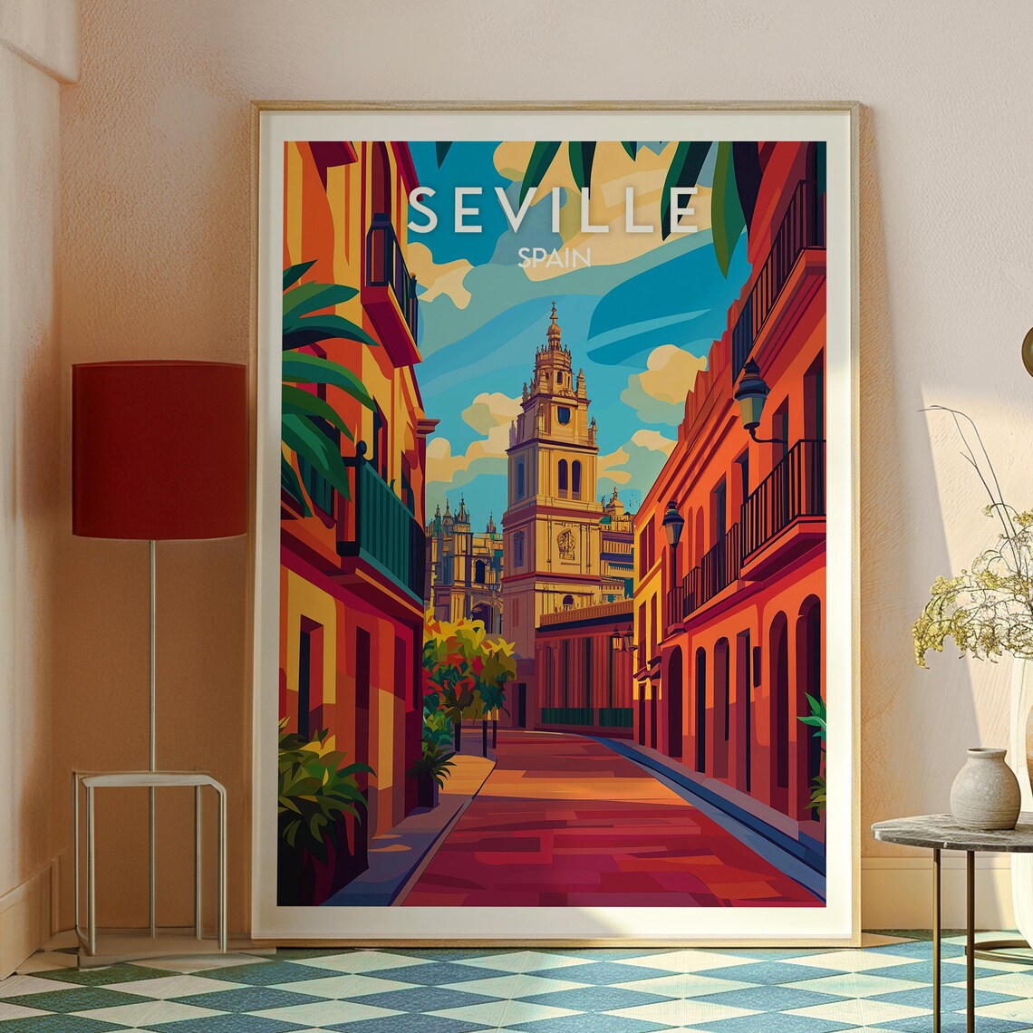 Seville Spain Bell Tower Sunlit Orange Street Vintage Poster - Image 2