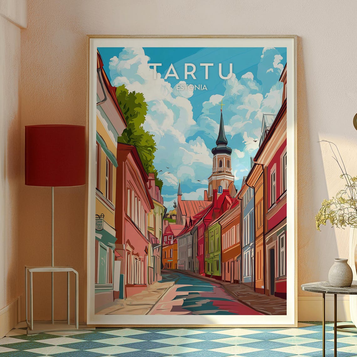 Tartu Estonia Colorful Old Town Street Church Spire Travel Poster - Image 2