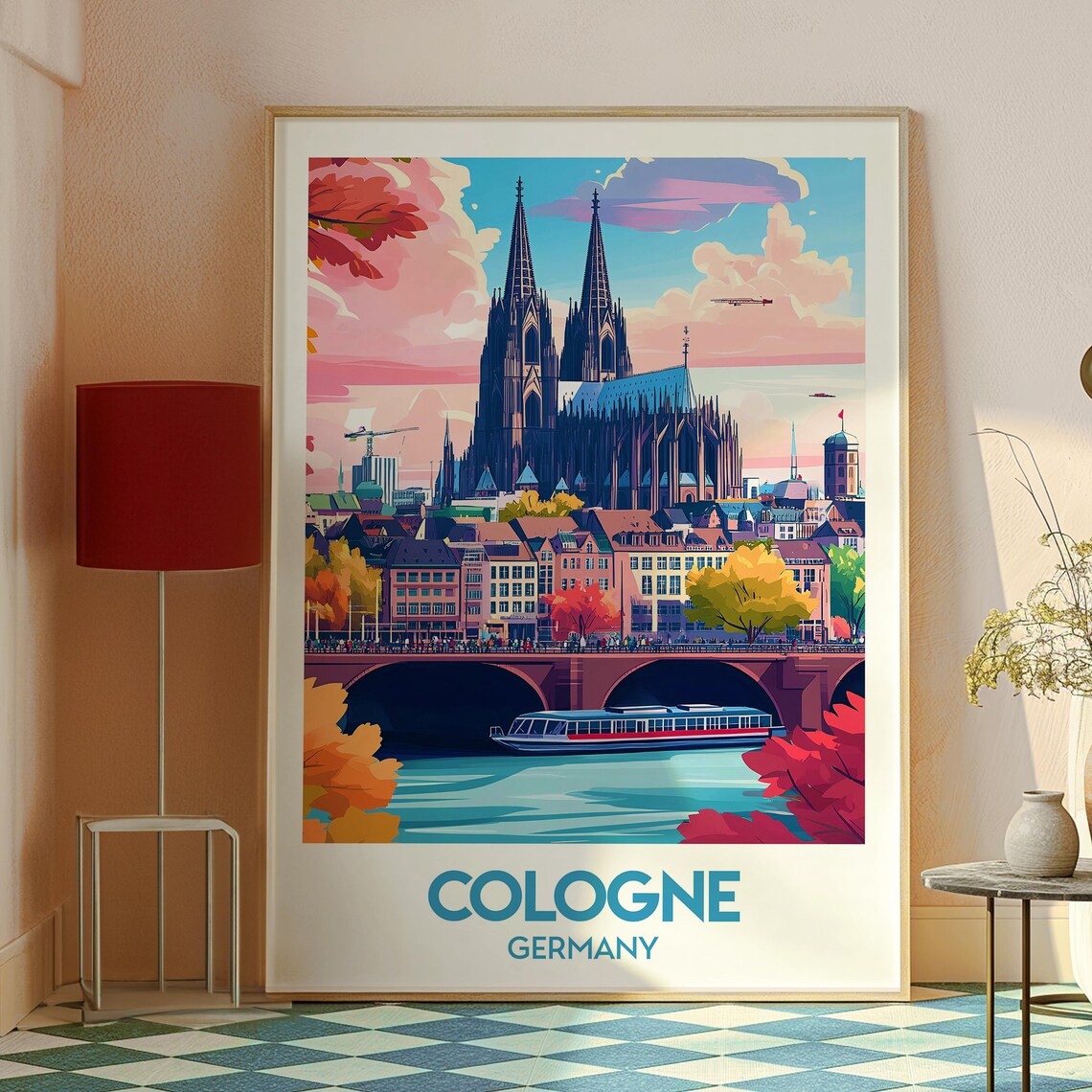 Cologne Germany Cathedral Rhine River City Colorful Art Travel Poster - Image 2