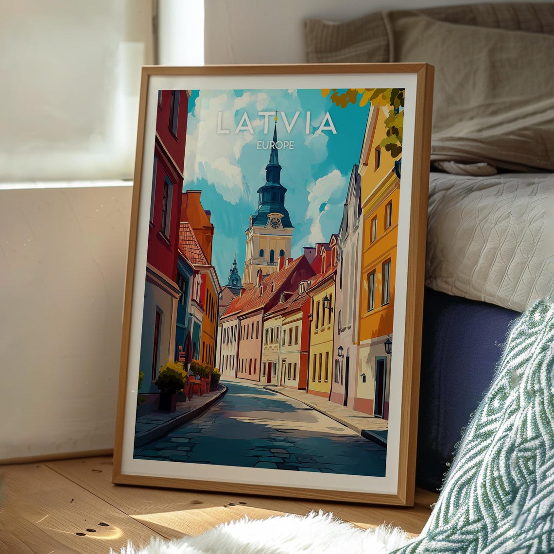 Latvia Riga Old Town Cobblestone Street Church Spire Travel Poster - Image 3