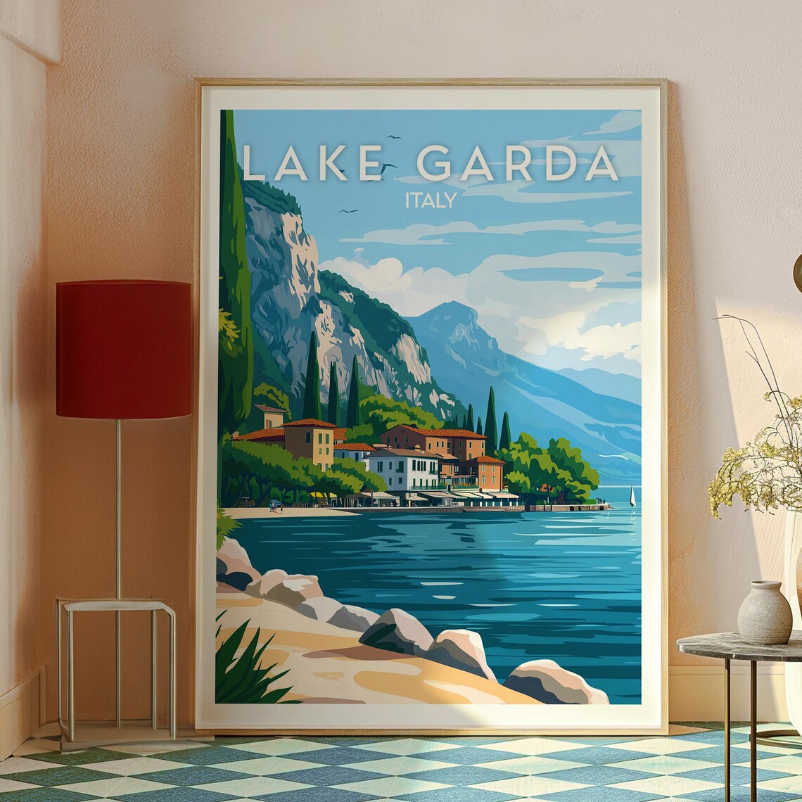 Lake Garda Italy Lakeside Village Cypress Mountains Travel Poster - Image 2