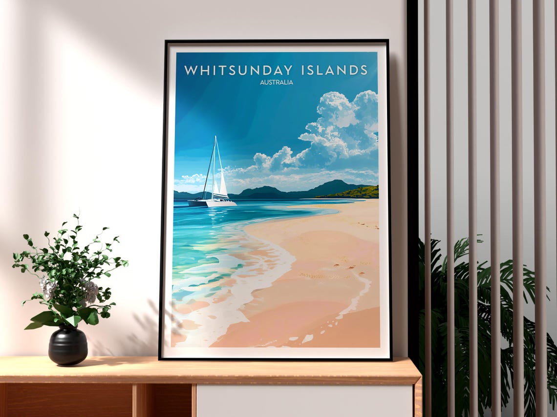 Whitsunday Islands Australia Sailboat Sandy Beach Bay Travel Poster
