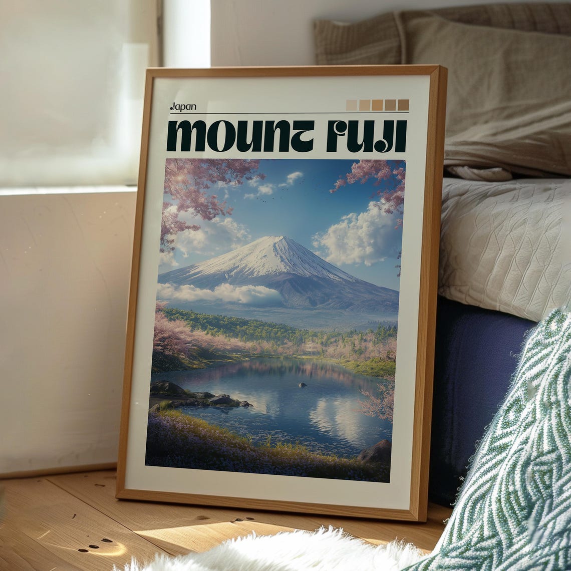 Mount Fuji Japan Cherry Blossoms Lake Reflection Spring Travel Poster - Image 3