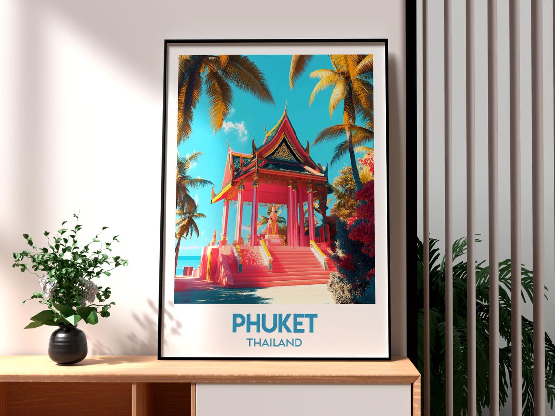 Phuket Thailand Red Temple Coconut Palms Sunset Travel Poster