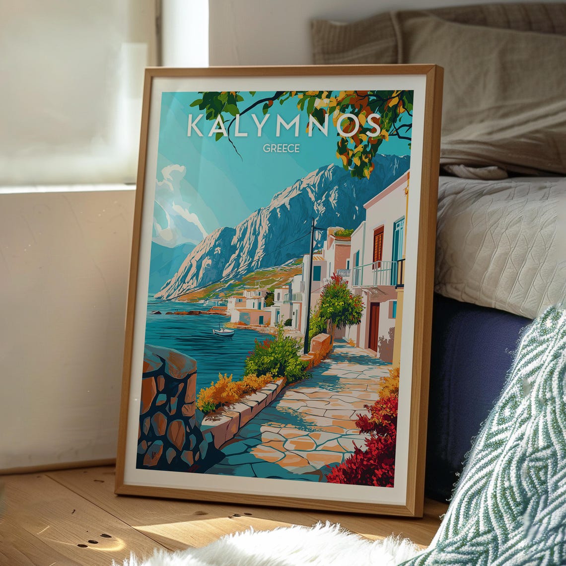 Kalymnos Greece Seaside Promenade Mountain Coast Aegean Poster - Image 3