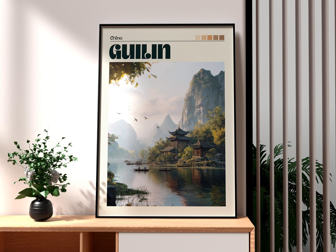 Guilin China Misty Karst Mountains River Boats Pagoda Travel Poster