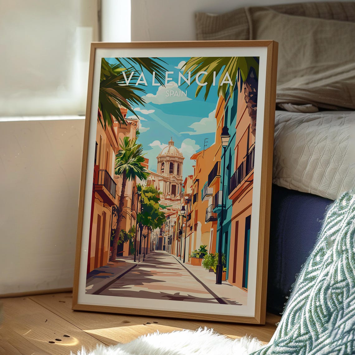 Valencia Spain Old Town Street Domed Church Sunny Travel Poster - Image 2