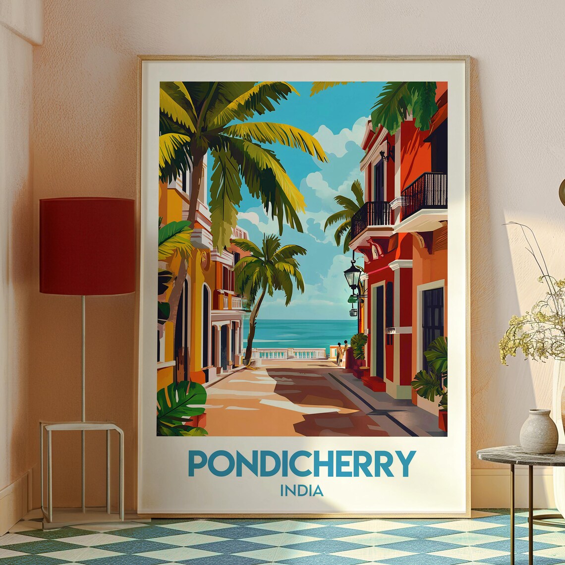 Pondicherry India Colonial Street Palms Seaside Retro Travel Poster - Image 2