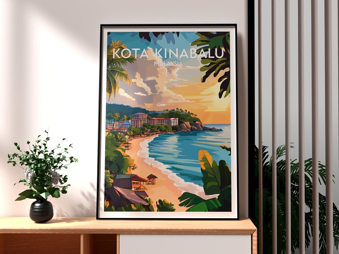 Kota Kinabalu Malaysia Sunset Beach Resort Coast Travel Poster
