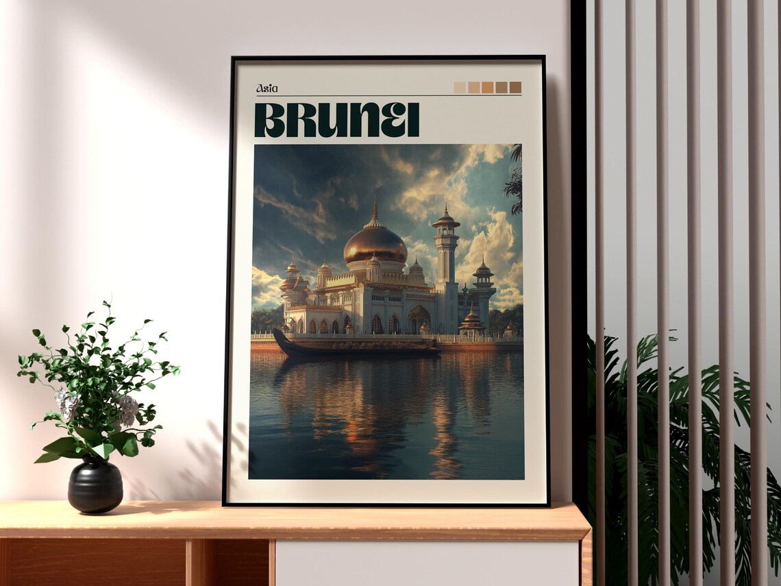 Brunei Golden Dome Mosque On Water Retro Vintage Travel Poster Art