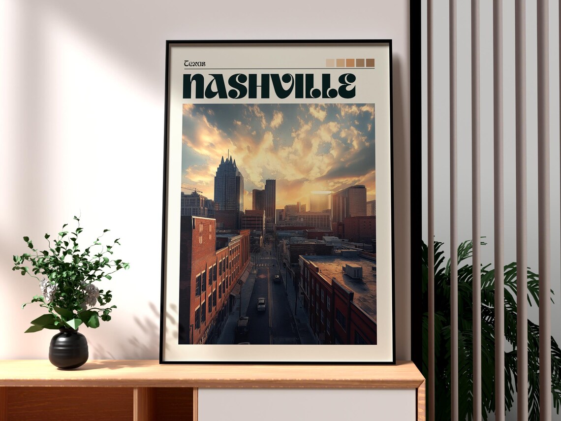 Nashville Texas City Skyline Sunset Downtown Street Travel Poster