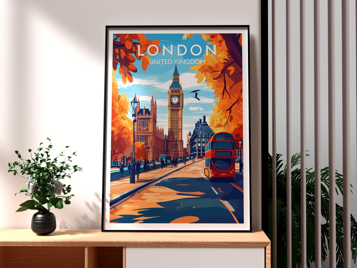 London Big Ben Red Bus Autumn Street United Kingdom Travel Poster