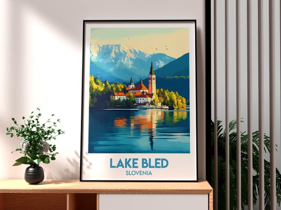 Lake Bled Travel Poster, Julian Alps Wall Art