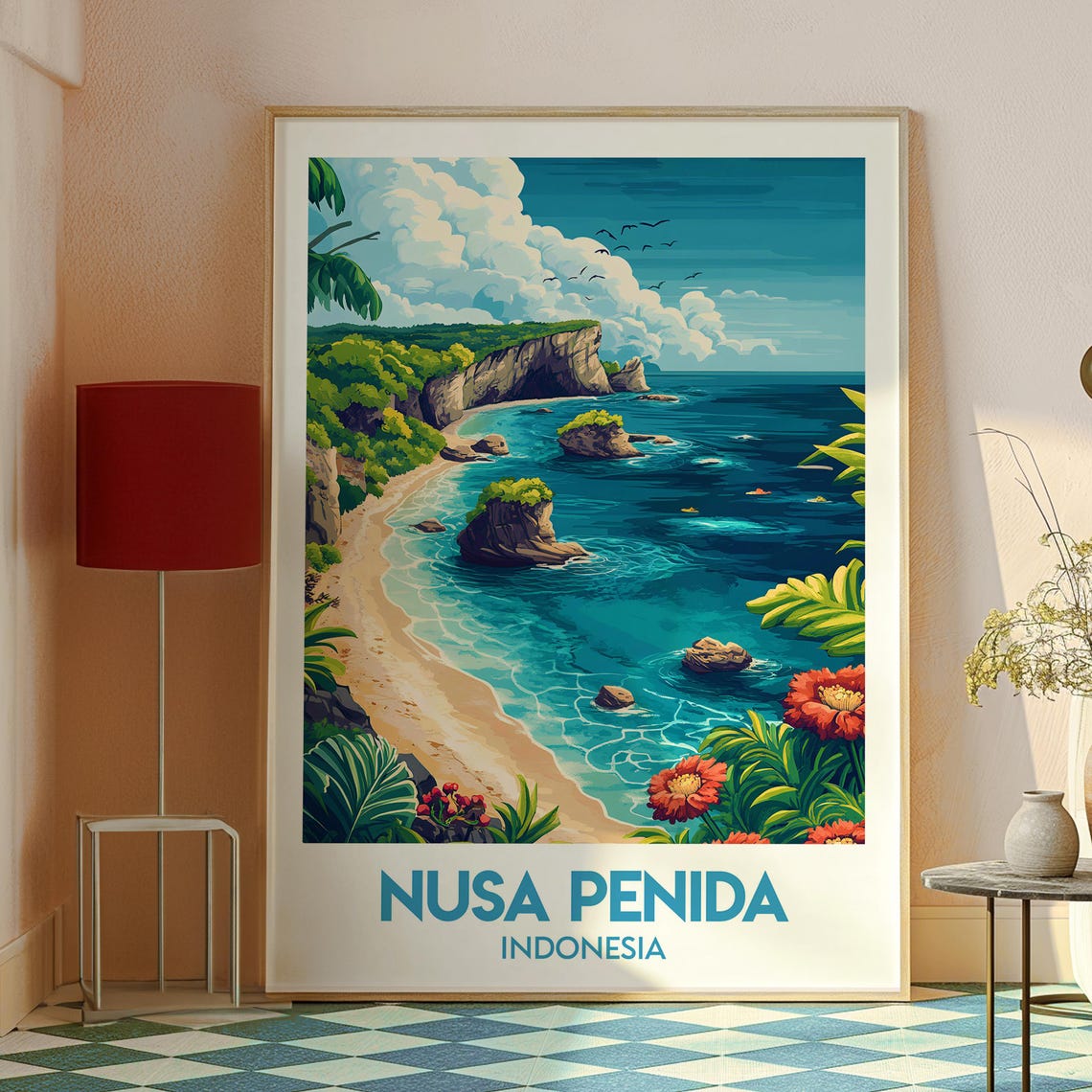 Nusa Penida Indonesia Cliff Bay Sea Stacks Retro Travel Poster - Image 2