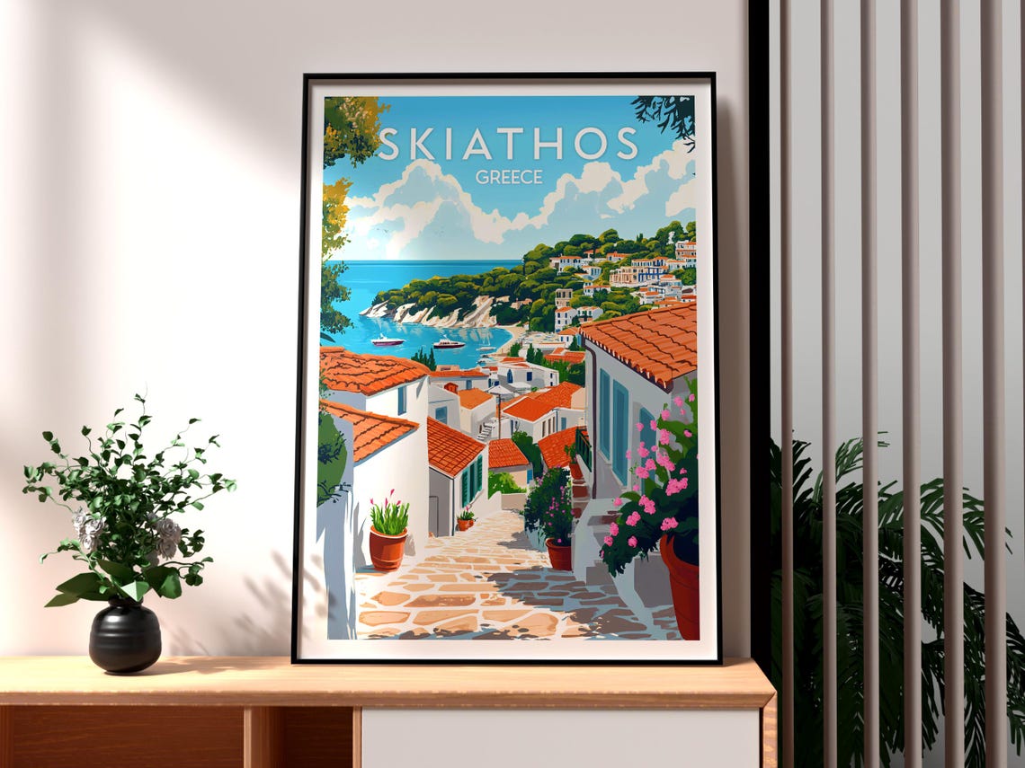 Skiathos Greece Whitewashed Town Red Roofs Aegean Harbor Poster