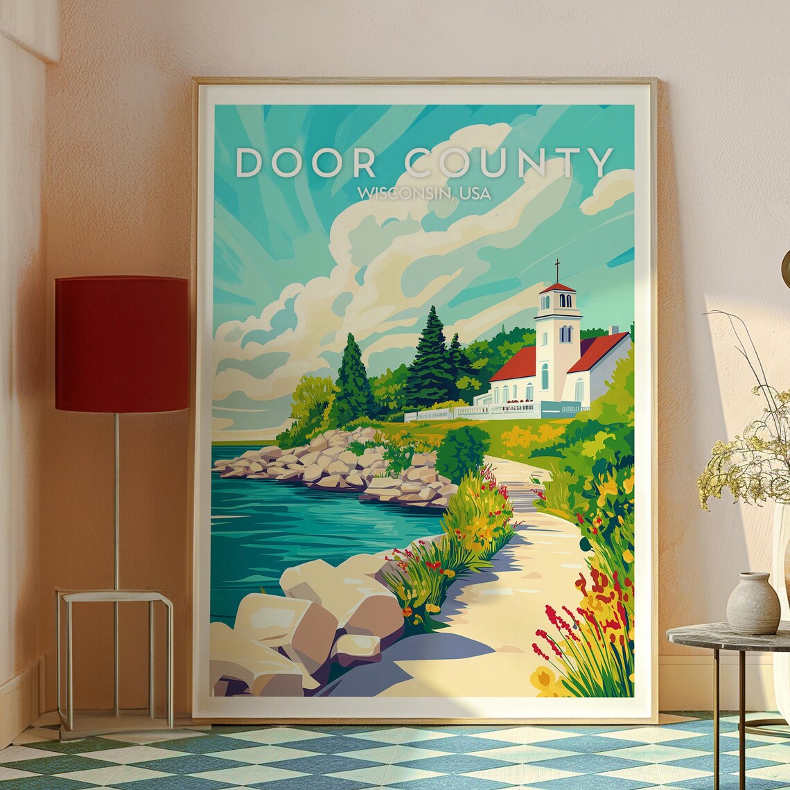Door County Wisconsin Retro Travel Poster Lakeside Church Art - Image 2